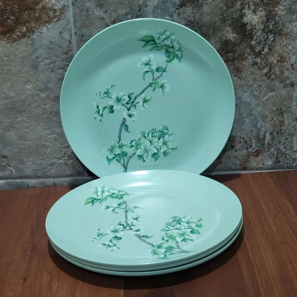 VTG Somerset Made in Boonton 6103 Green Plate Dogwood Flowers on a Branch Set o